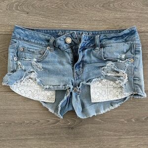 AMERICAN EAGLE | Size Medium/8 | Distressed | Denim Jean Shorts w/Lace Pockets